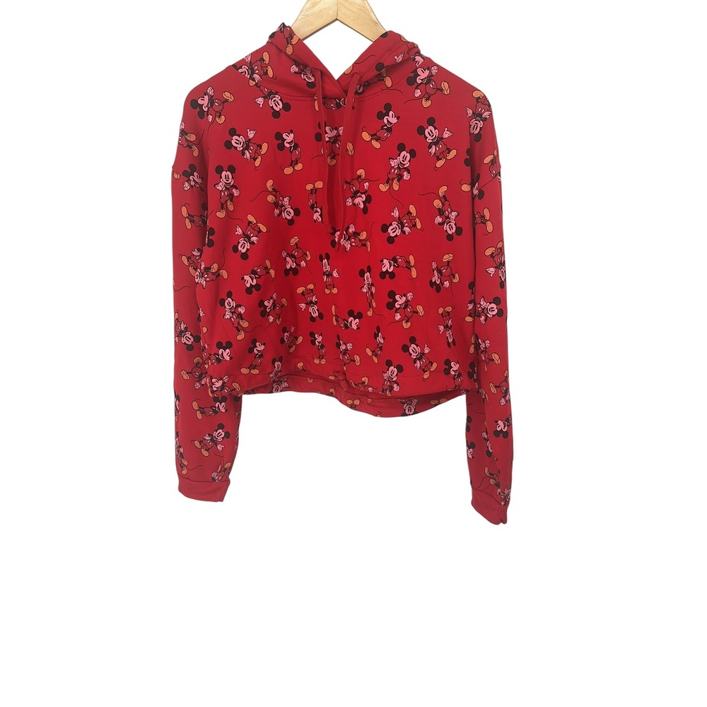 Disney Mickey Mouse Hoodie All Over‎ Print Cropped Pullover Sweatshirt M